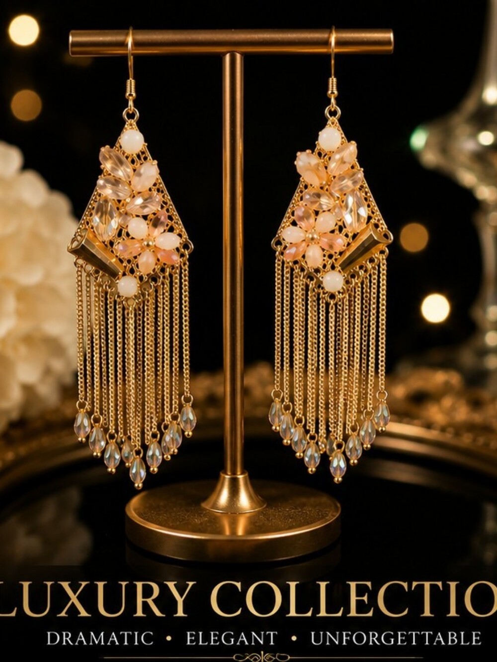 Gold Statement Chandelier Fringe Earrings Blush Crystal Beaded Tassel Boho Glam